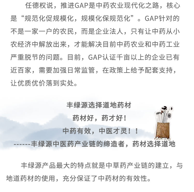 任德權(quán)說，推進(jìn)GAP是中藥農(nóng)業(yè)現(xiàn)代化之路，核心是“規(guī)范化促規(guī)模化，規(guī)?；Ｒ?guī)范化”。GAP針對(duì)的不是一家一戶的農(nóng)民，而是企業(yè)法人，只有讓中藥從小農(nóng)經(jīng)濟(jì)中解放出來，才能解決目前中藥農(nóng)業(yè)和中藥工業(yè)嚴(yán)重脫節(jié)的問題。目前，GAP認(rèn)證千畝以上的企業(yè)已有近百家，需要加強(qiáng)日常監(jiān)管，在政策上給予配套支持,讓優(yōu)質(zhì)優(yōu)價(jià)落到實(shí)處。豐綠源選擇道地藥材藥材好，藥才好! 中藥有效，中醫(yī)才靈! !豐綠源中醫(yī)藥產(chǎn)業(yè)鏈的締造者，藥材選擇道地豐綠源產(chǎn)品最大的特點(diǎn)就是中草藥產(chǎn)業(yè)鏈的建立，與地道藥材的使用，充分保證了中藥材的有效性。
