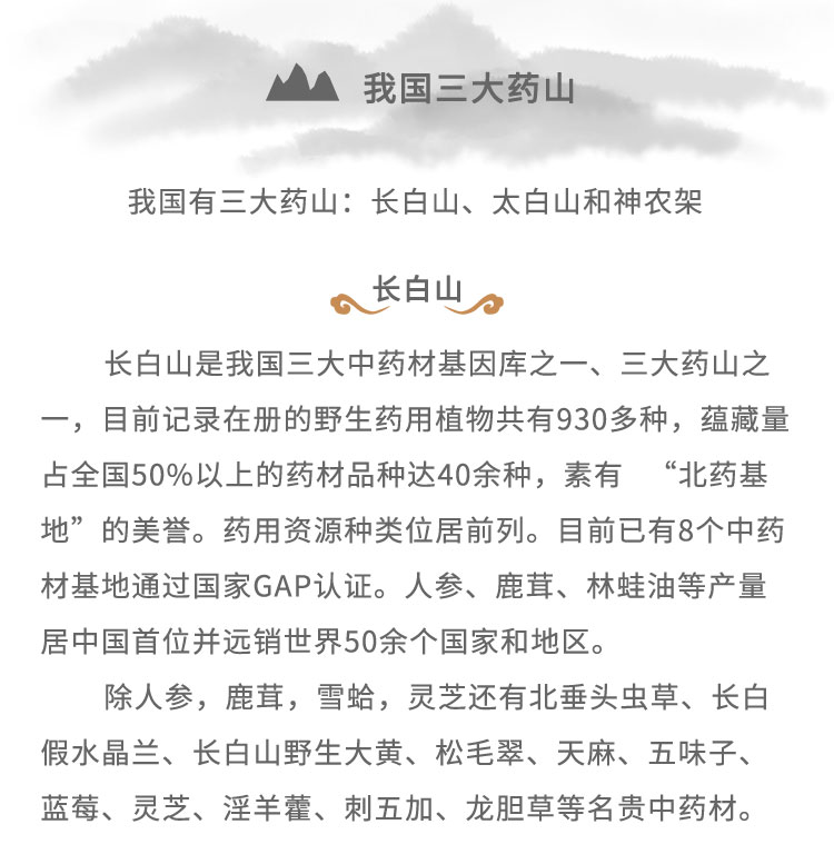 長(zhǎng)白山是我國(guó)三大中藥材基因庫(kù)之- -、三 大藥山之一，目前記錄在冊(cè)的野生藥用植物共有930多種，蘊(yùn)藏量占全國(guó)50%6以上的藥材品種達(dá)40余種，素有“北藥基地”的美譽(yù)。藥用資源種類位居前列。目前已有8個(gè)中藥材基地通過國(guó)家GAP認(rèn)證。人參、鹿茸、林蛙油等產(chǎn)量居中國(guó)首位并遠(yuǎn)銷世界50余個(gè)國(guó)家和地區(qū)。除人參，鹿茸，雪蛤，靈芝還有北重頭蟲草、長(zhǎng)白假水晶蘭、長(zhǎng)白山野生大黃、松毛翠、天麻、五味子、藍(lán)莓、靈芝、淫羊蕾、刺五加、龍膽草等名貴中藥材。