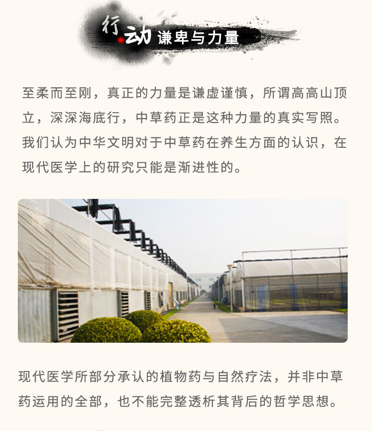 至柔而至剛，真正的力量是謙虛謹(jǐn)慎，所謂高高山頂立，深深海底行，中草藥正是這種力量的真實(shí)寫照。我們認(rèn)為中華文明對于中草藥在養(yǎng)生方面的認(rèn)識，在現(xiàn)代醫(yī)學(xué)上的研究只能是漸進(jìn)性的?，F(xiàn)代醫(yī)學(xué)所部分承認(rèn)的植物藥與自然療法，并非中草藥運(yùn)用的全部，也不能完整透析其背后的哲學(xué)思想。